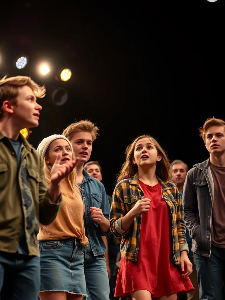 A photograph of a theater workshop, with participants rehearsing a scene, showcasing costumes, props, and expressive acting.
