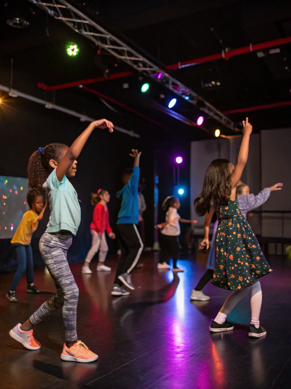 A vibrant image of a dance class, with participants of various ages moving to the rhythm of the music, led by an enthusiastic instructor.