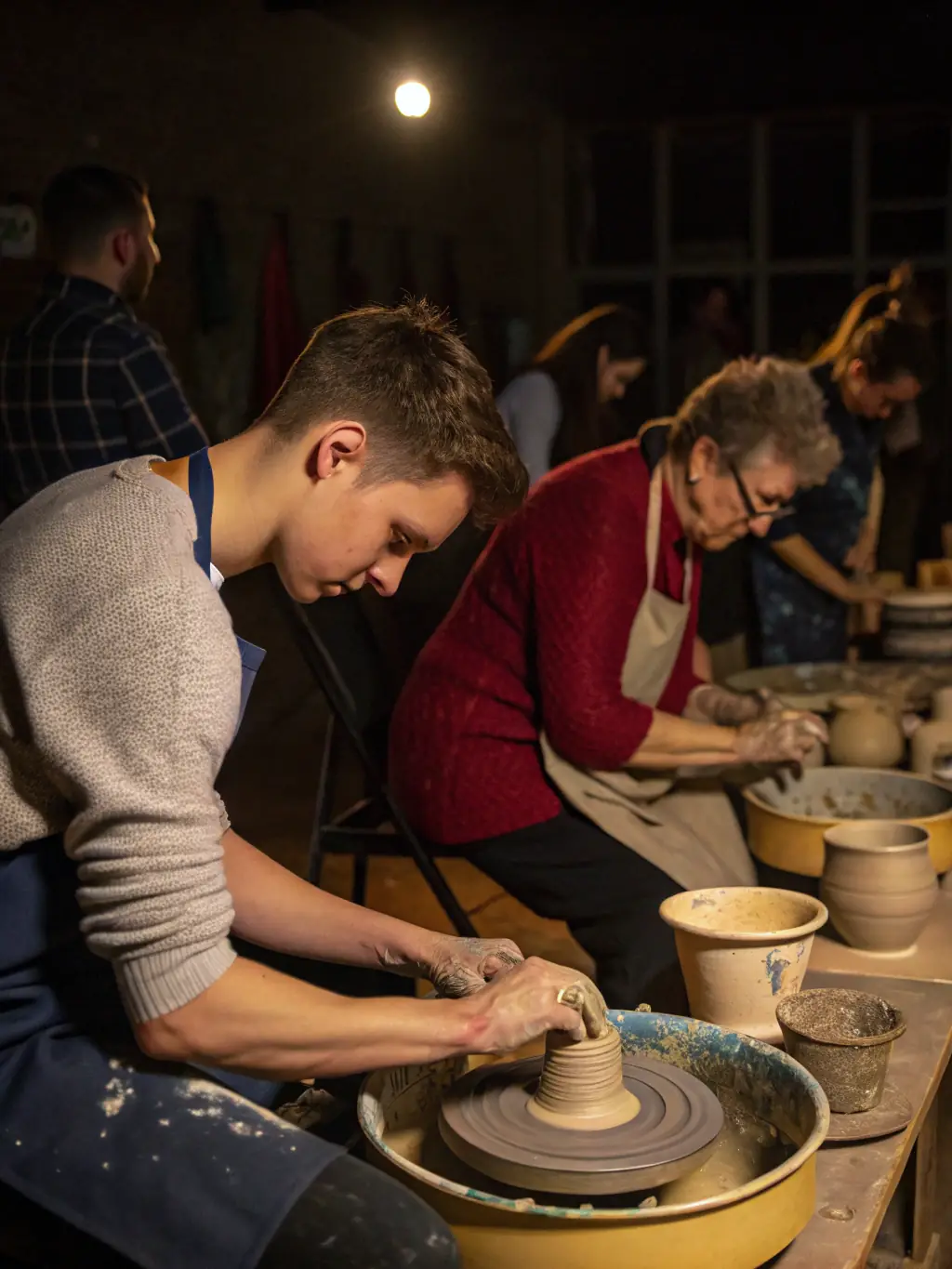 A photograph capturing a pottery class in session, showcasing participants molding clay with focused expressions and the instructor providing guidance.