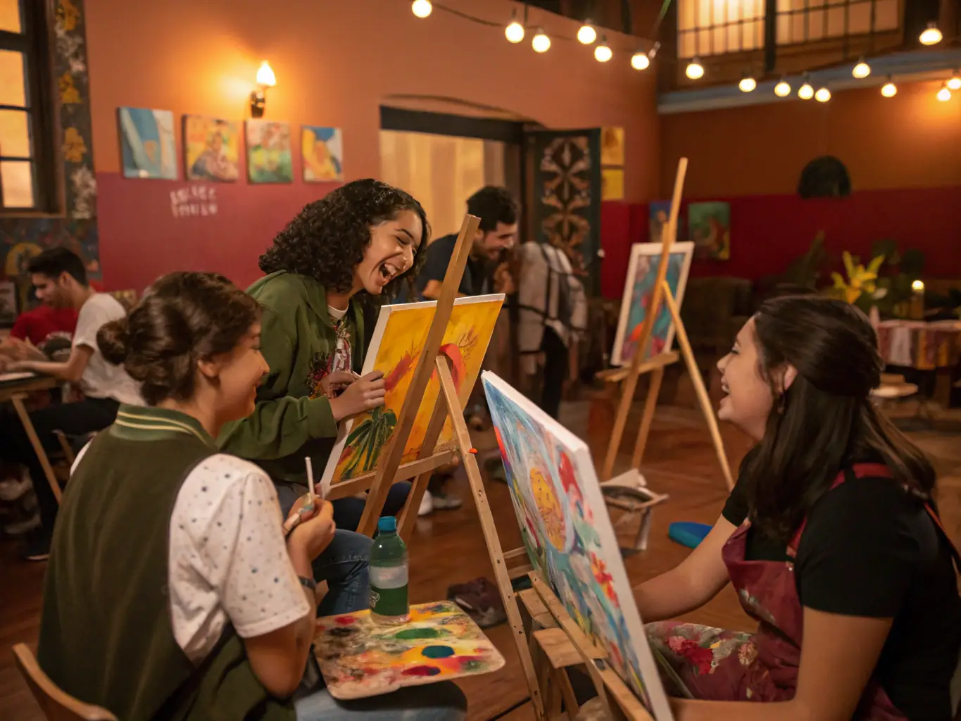 A vibrant image of participants engaged in a painting workshop at the Centre d’Animation Municipal, showcasing various art supplies and colorful artworks in progress.