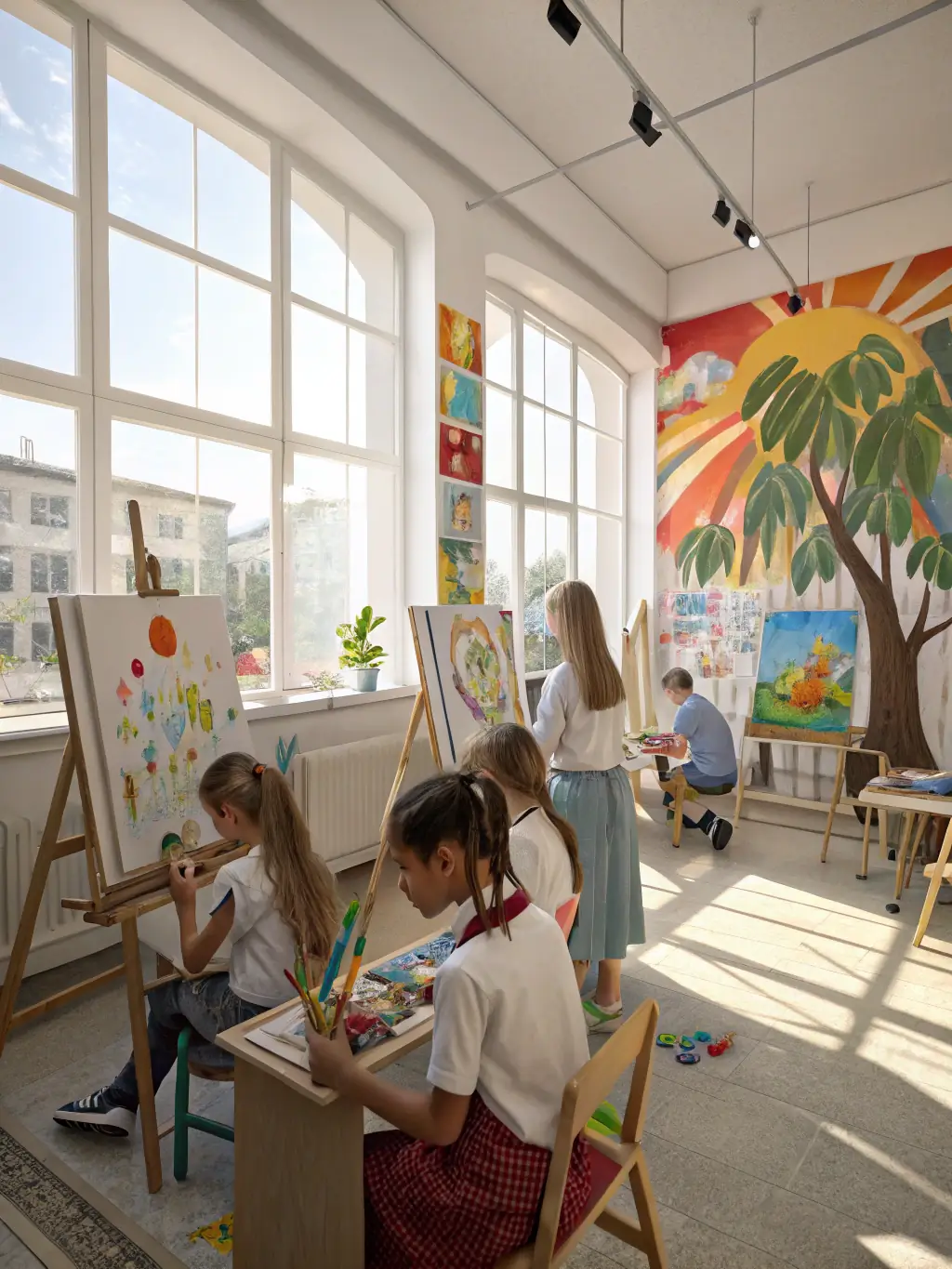 A photograph of a painting class, with participants creating colorful artwork on canvases, surrounded by easels and art supplies.